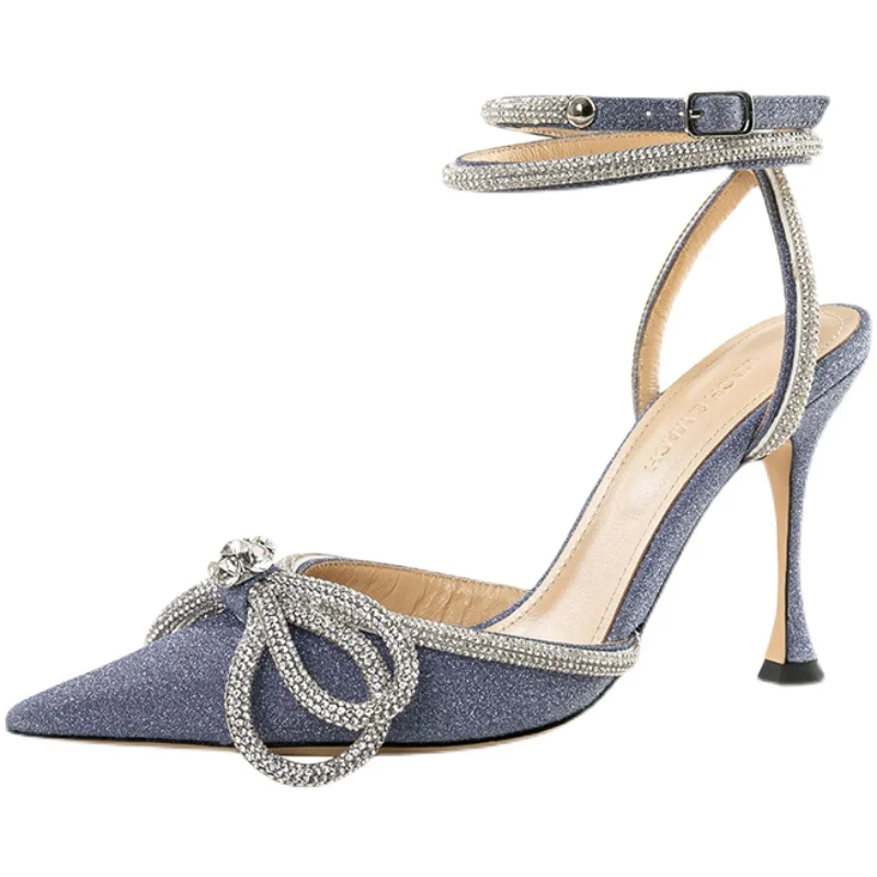 2023 Summer New Pointed Heels Rhinestone Bow Sandals Roman Straps Shoes for women's Fashion Sequin Shoes