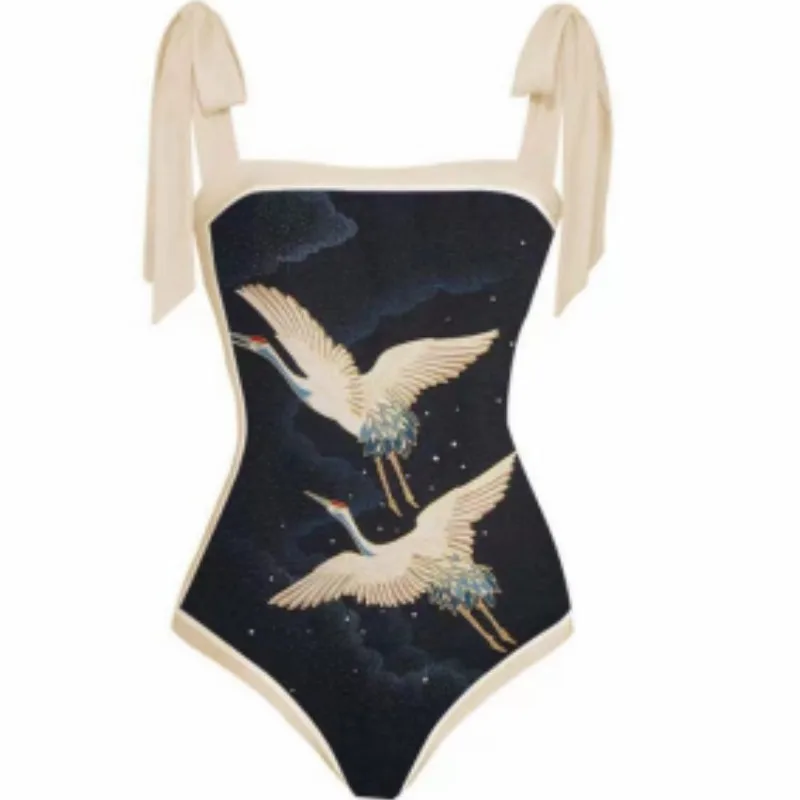 Crane Print OnePiece Swimsuit Luxury Micro Bikini and Cover Up Elegant Butterfly Strap Swimwear Women Beachwear Skirts 2023