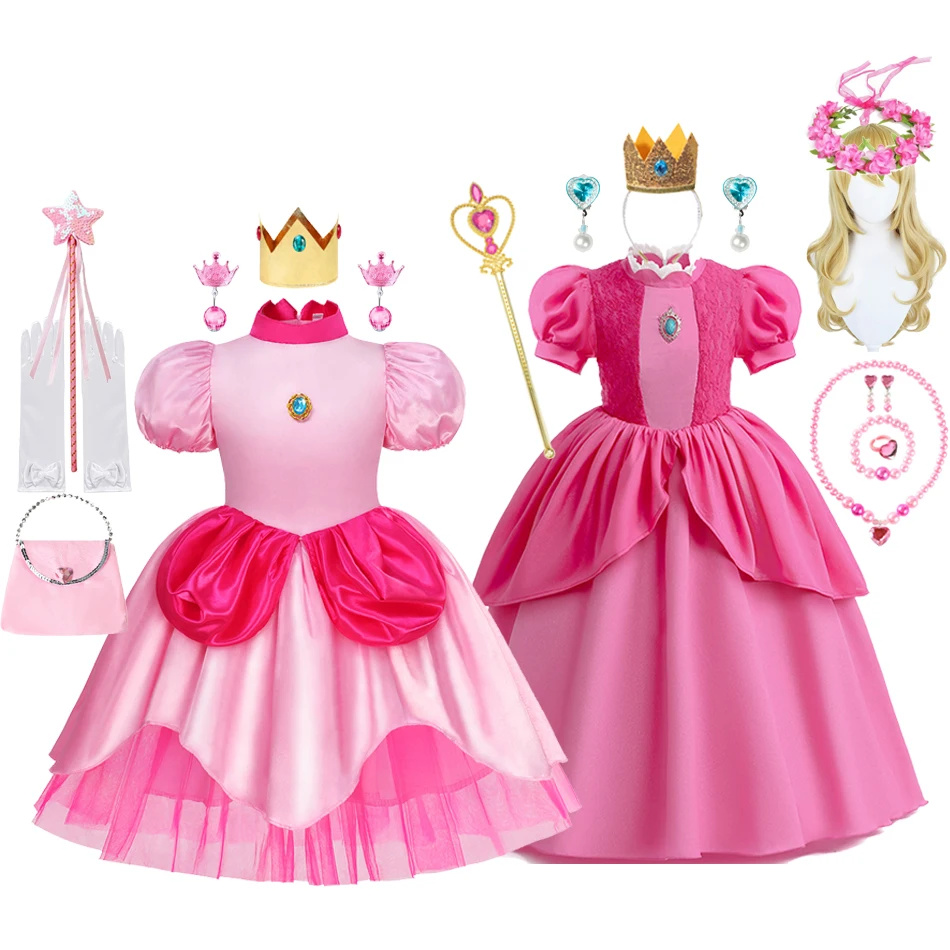 

Girls Princess Costume Peach Cosplay Dress Halloween Fancy Clothes Kids Birthday Carnival Party Prom Outfits Performance 3-10Yrs