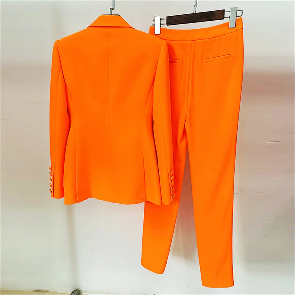 Orange Women Pant Sets 2023 New Fashion Double Breasted Button Blazer Trousers Suit Office Ladies Work Wear Formal Two Piece Set