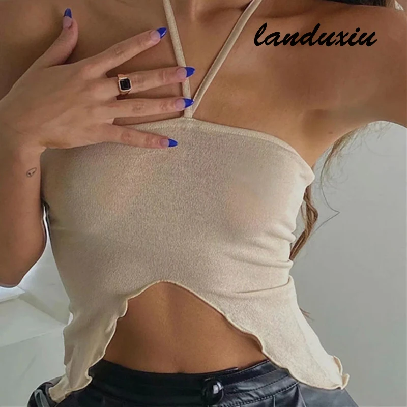 

Sexy Skinny Elastic Split Edible Tree Fungus Open Navel Female Camisole Summer New Sexy Tops landuxiu