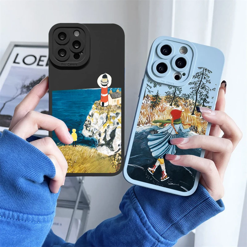 

Cartoon Scenery Girl Phone Case For iphone 14 11 12 13 Pro Max for iPhone X XR XS 7 8 14 Plus SE 2020 Soft Silicone Cover Fundas