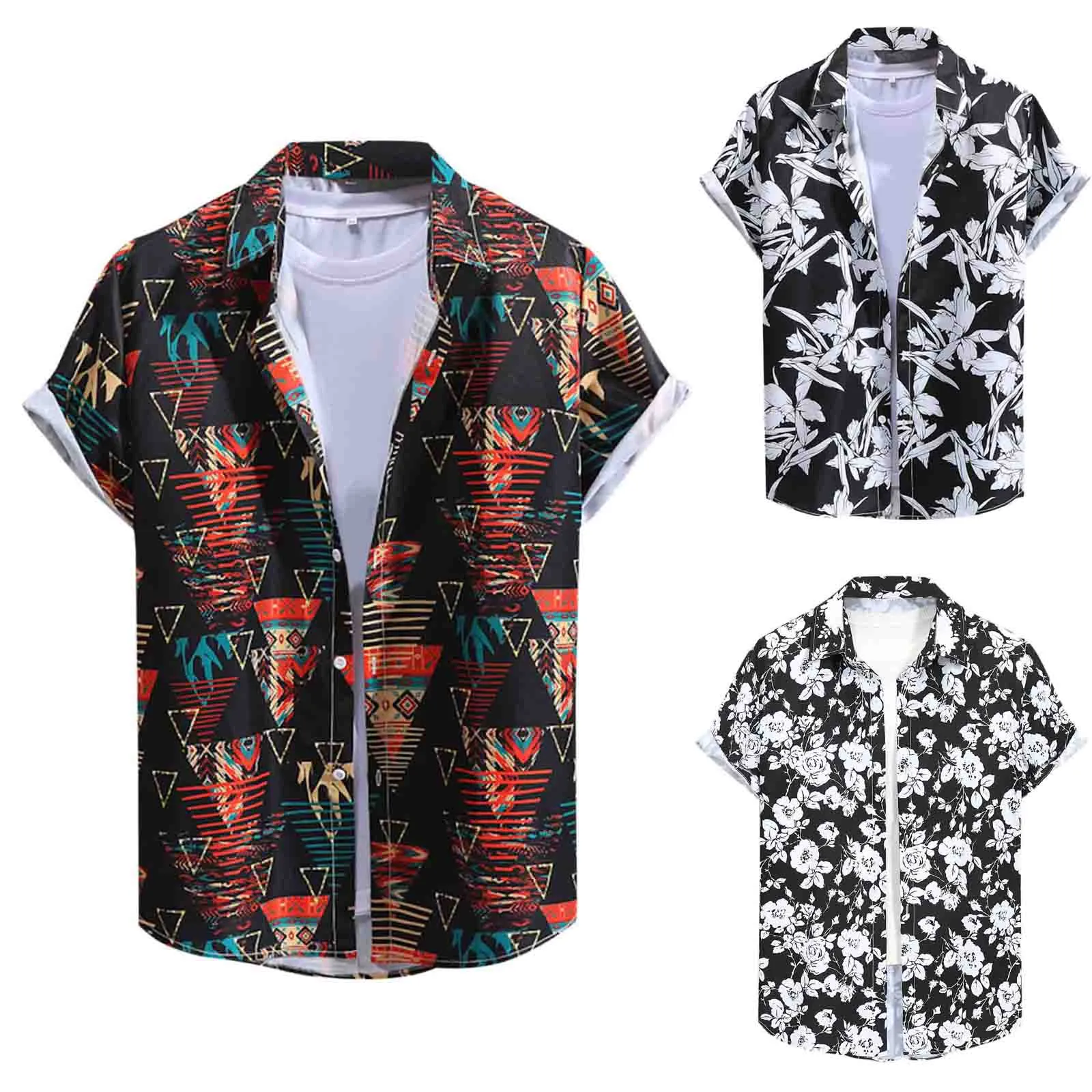

Рубашка мужская этническая с цветочным принтом, блуза с коротким рукавом, уличная одежда в стиле Харадзюку