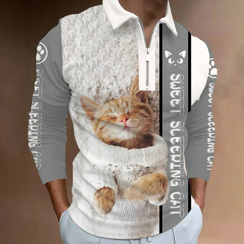 

S-5XL Men's Casual Autumn Long Sleeve Polo Shirts Men Male Zip Tee Shirt Cat Dog Men Tops Street Golf Clothing Clothes For Men