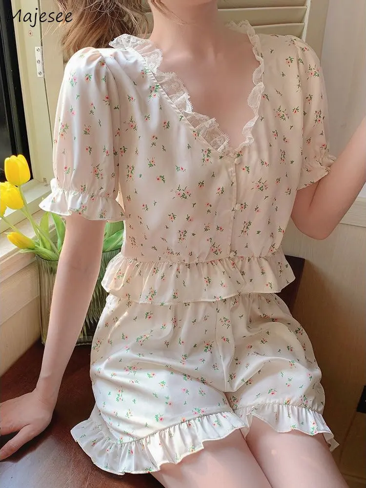 

Floral Pajama Sets Women Summer Lace V-neck Crop Sweet Girls Elegant Daily Home Sleepwear Students Casual Ulzzang Cozy Chic Ins