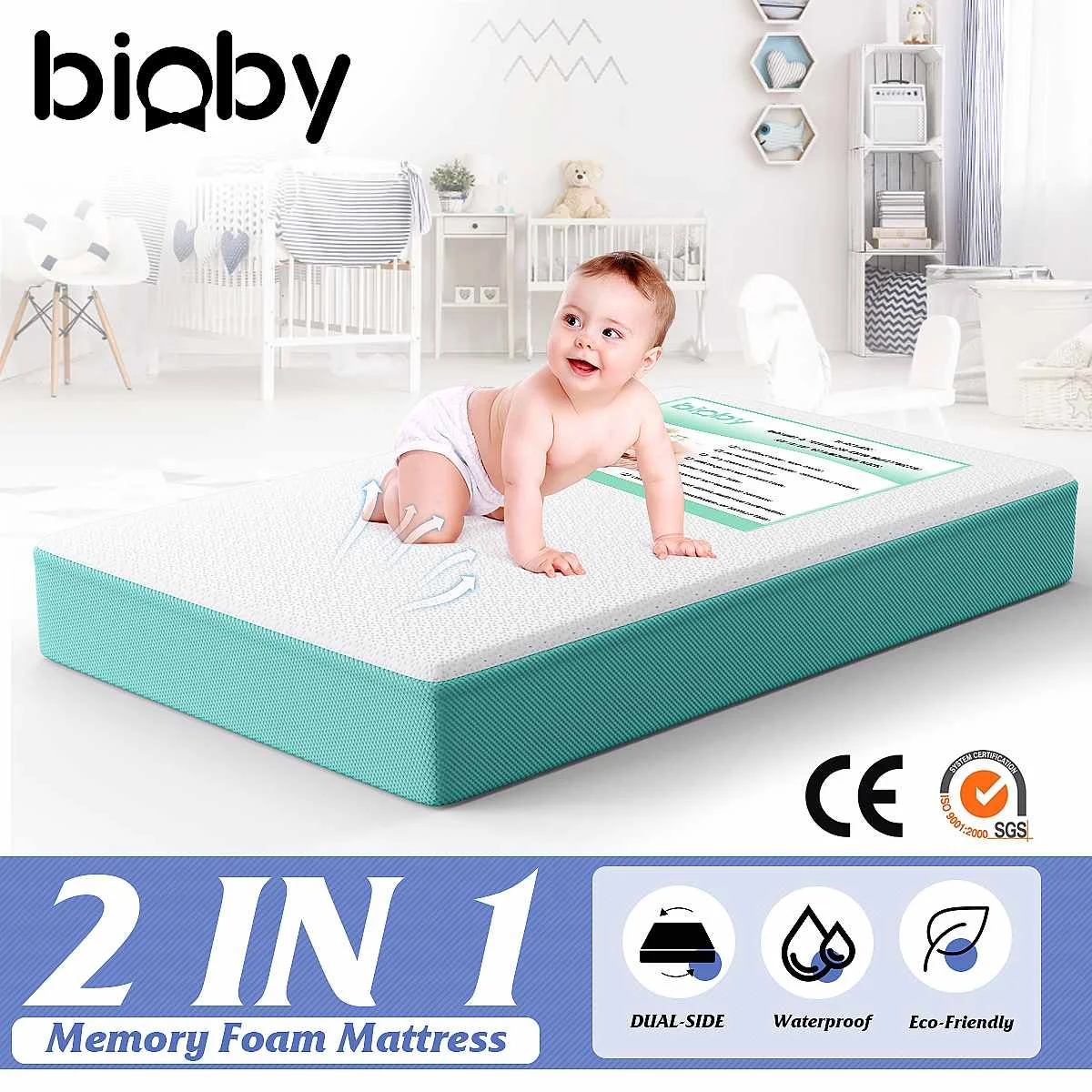 Bioby 2-Stage Baby Memory Foam Crib Mattresses Infant Toddler Cot Mattress with Waterproof Lining & Removable Mattress Cover