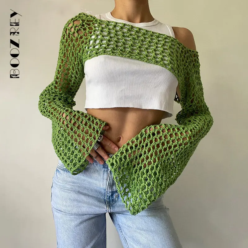 

BoozRey NEW 2023 Casual Summer Green Long Sleeve Smock Knitted Crop Top Women Y2k Beach Sexy Backless Hollow Out T Shirts Party