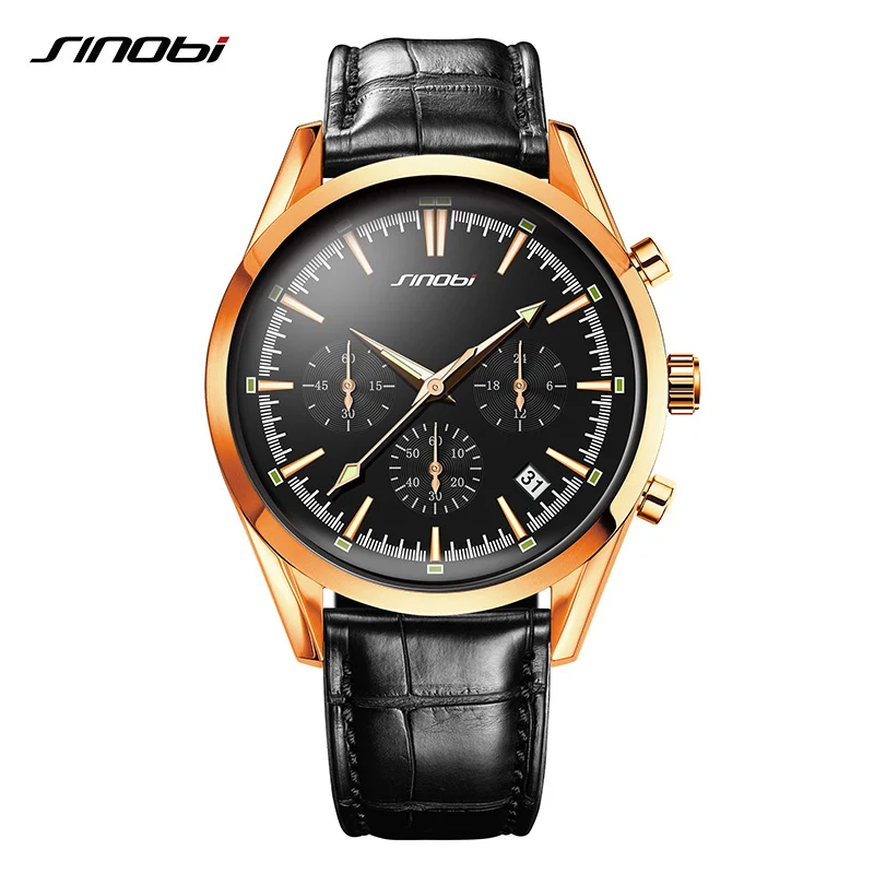 SINOBI Fashion Luxury Men Quartz Watch 42mm Dial Plate Leather Strap Calendar Sports Waterproof Gold