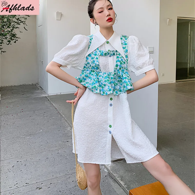 

Платье женское с отложным воротником и вышивкой, свободное офисное платье с цветочными оборками, жемчужинами и карманами, с высокой талией, ...