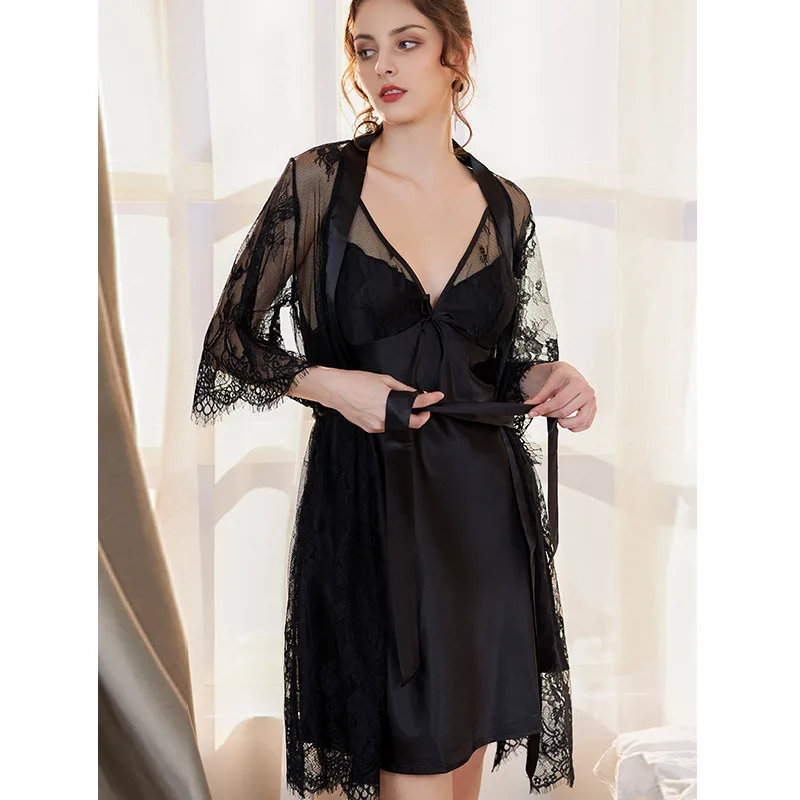Женский пижамный комплект кружевной прозрачный халат ночная сорочка из вискозы