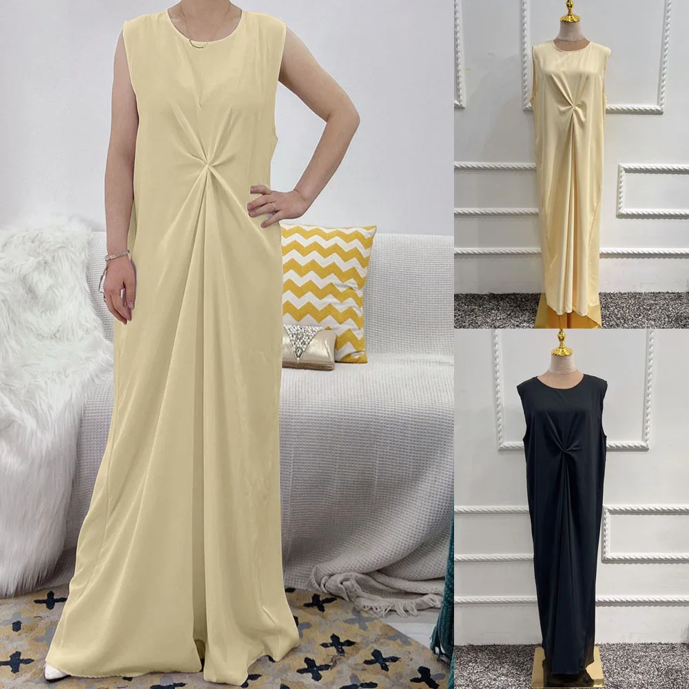 Платье-Макси женское без рукавов, абайя с внутренней отделкой, мусульманская нижняя одежда, Дубай, Турция, кафтан, мусульманская одежда
