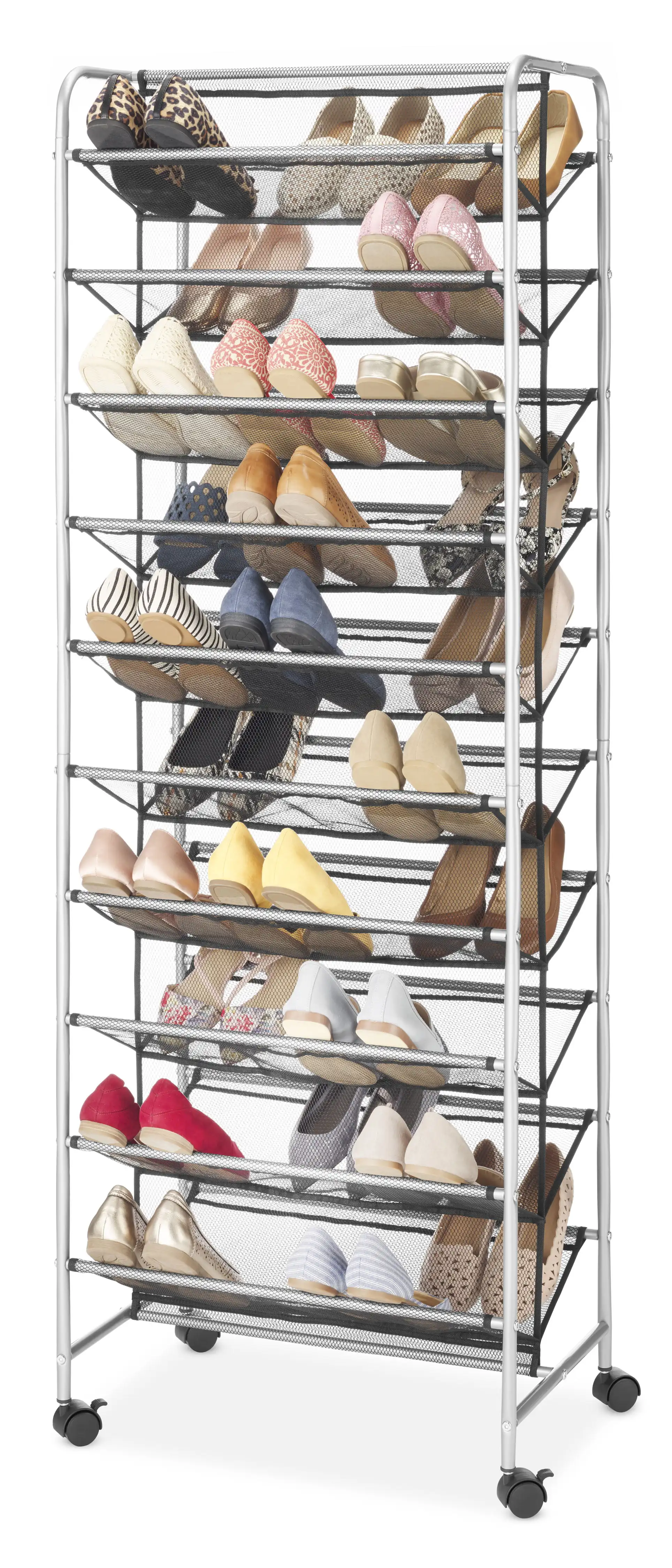 

Mainstays 10 Tier 60 Pair Metal and Mesh Rolling Shoe Rack