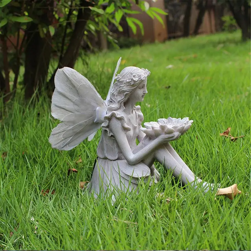 

The Sunflower Sitting Fairy Statue Garden Ornaments Porch Angel Sculpture Realistic Figurine Ornament Stone Yard Art Decoration