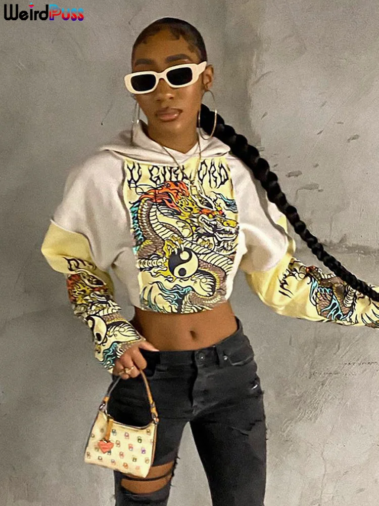 

Weird Puss Dragon Print Women Pullover Hoodie Patchwork Wild Casual Office Lady Trend Sweatshirts Vintage Harajuku Streetwear