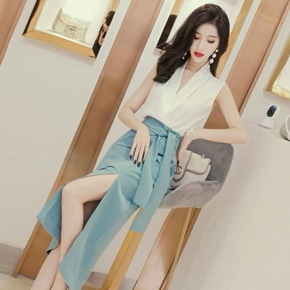 

Women 2022 Summer New 2 Piece Sets Female V-neck Short Sleeve Tops + High Waist Split Package Hip Skirts Ladies Suits Y123
