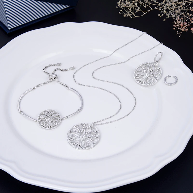

Mona S925 Sterling Silver Life Tree Asymmetric Earrings Adjustable Bracelet Necklace Women Classic Brilliant Charm Party Jewelry