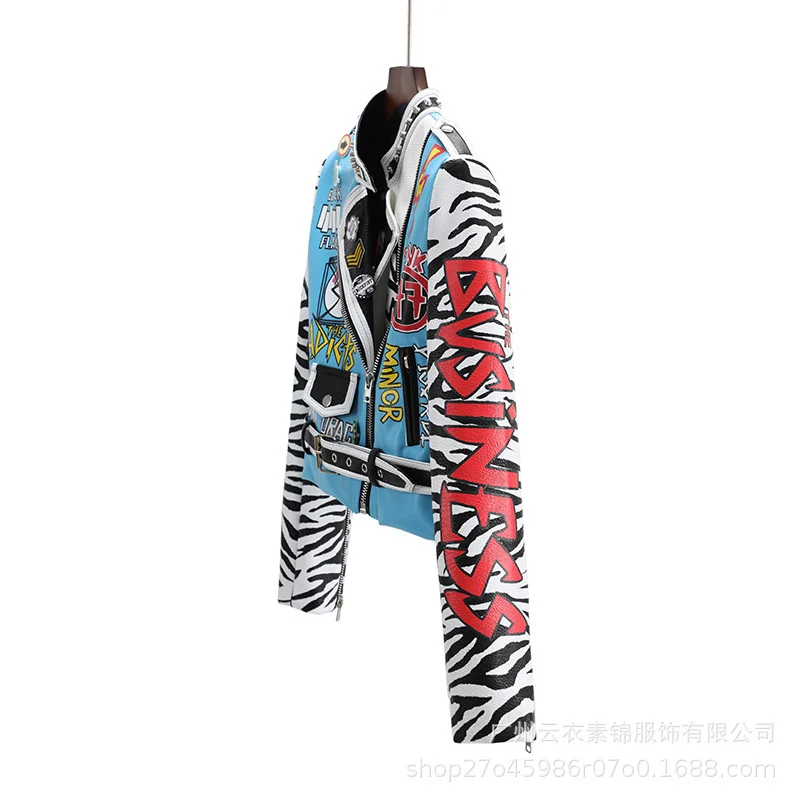 European And American Women'S Leather Clothes New Motorcycle Short Coat Fashion Personality Slim Show Thin Jacket Print Graffit