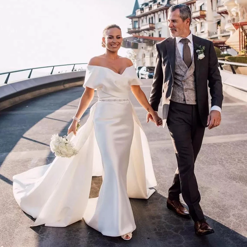 

Simple Sweetheart Satin Wedding Dress Sweep Train Off the Shoulder Garden Vestidos De Noiva Mermaid Bridal Gown
