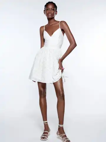Zach AiIsa Summer New Women's White Sexy Vintage Fashion Deep V Neck Spaghetti Straps Slim Hollow Embroidered Mini Dress