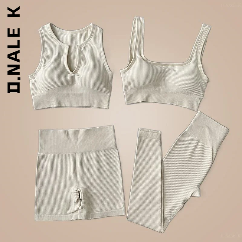

D.Nale K 2/4 Piece Sport Bra High Waist Ribbed Workout Outfits For Women Shorts Yoga Leggings Sets Seamless Yoga Set
