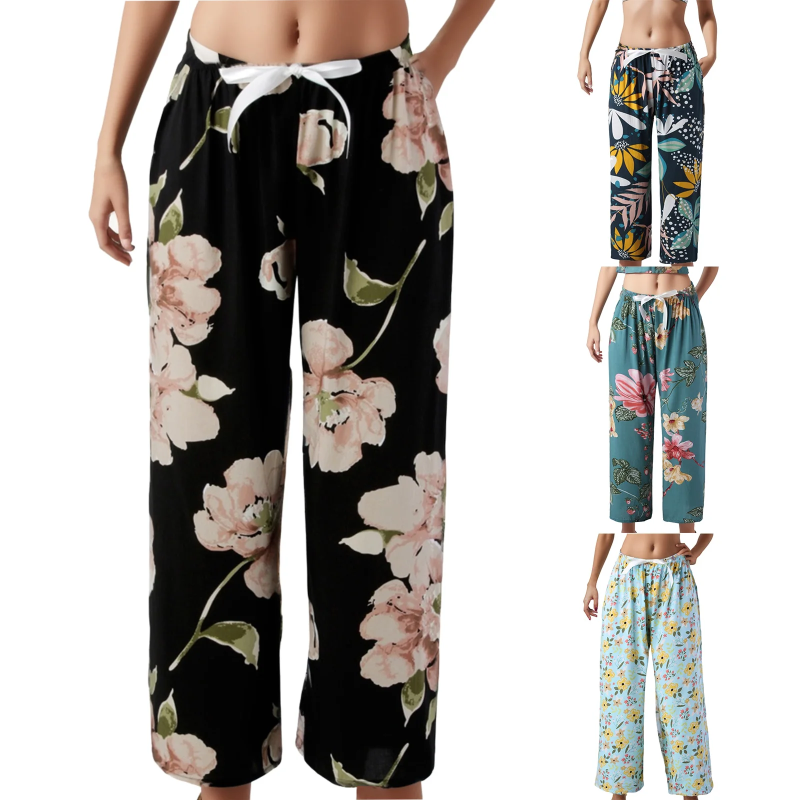 Women High Waist Printing Easy Trousers Long Pants Pockets Pants Waist Printing Boho Women Easy Pockets High Pants Beach