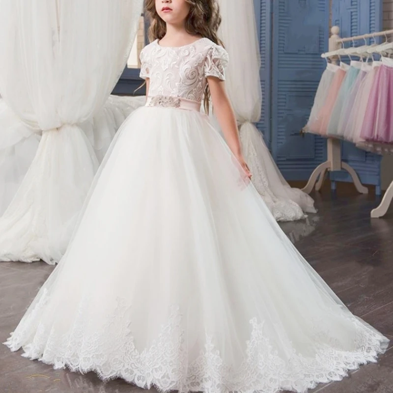 

Платья с цветочным принтом для девочек, официальное платье принцессы с коротким рукавом и шнуровкой сзади для свадьбы, вечеринки, дня рождения, первого причастия