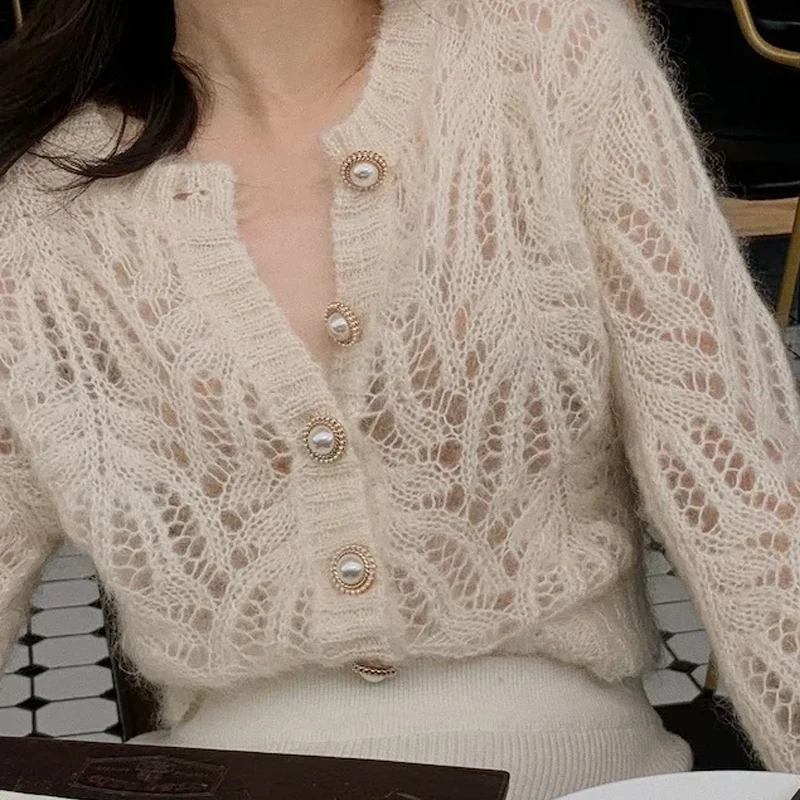 Женский кардиган во французском стиле элегантный вязаный свитер с вырезами