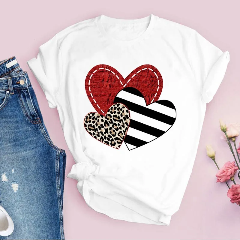 

2022 stripe Leopard Love Heart T Shirt Women Kawaii Tops Cartoon Graphic Tees shirt femme Funny Harajuku Lady T-shirt Clothing