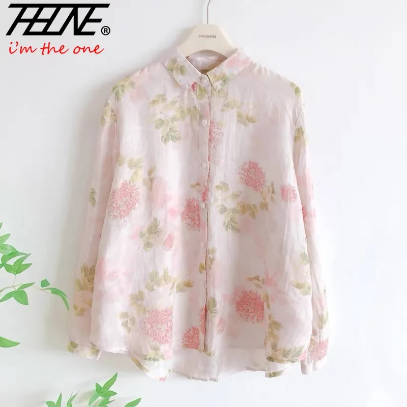 Осенняя модная женская блузка THHONE однобортная с принтом отложным воротником