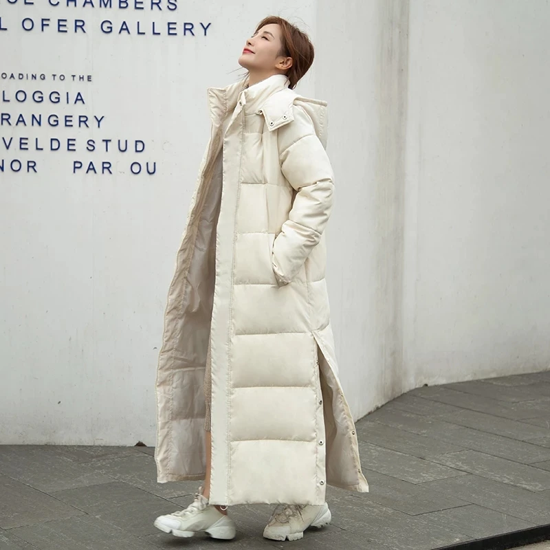 Parka Coat Extra Long Winter Jacket Women Hooded Pocket Zipper Female Lady Windbreaker Overcoat Casual Outwear Clothing Quilted