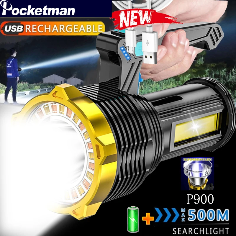 

300W High Power Led Spotlight Floodlight Searchlight 3 In 1 with Side Light Power Display Camping Lamp Modes Portable Flashlight