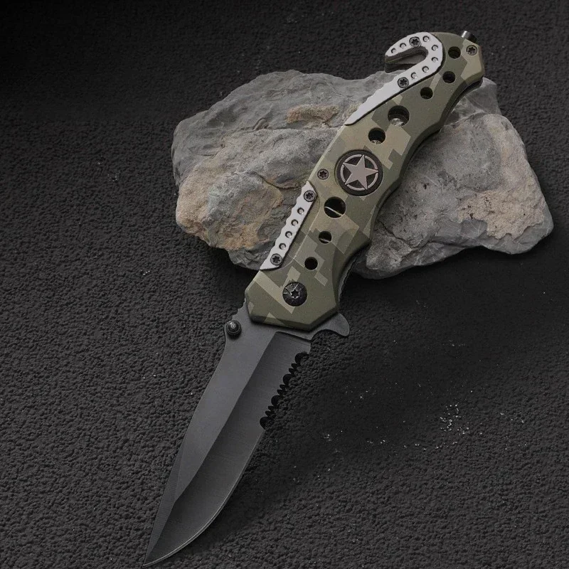 

Portable Folding Knife 3cr Steel Self-defense Survival Knife Lightweight Outdoor Tool with Back Clip Window-breaking Cone