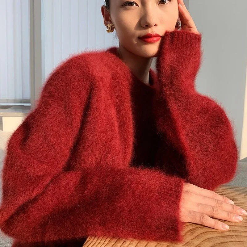 

Пуловер женский с круглым вырезом, свитер из мохера, свободная вязаная кофта во французском стиле, Осень-зима