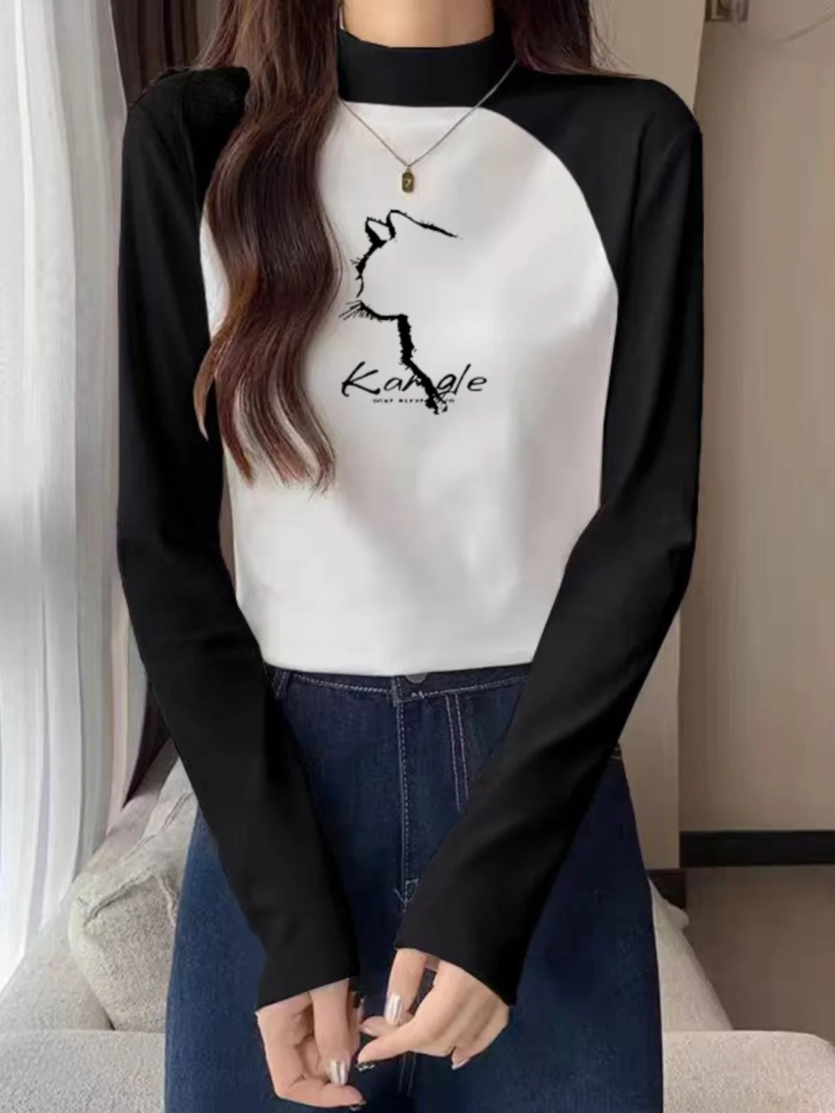 Модная повседневная рубашка реглан контрастного цвета с полувысоким воротником