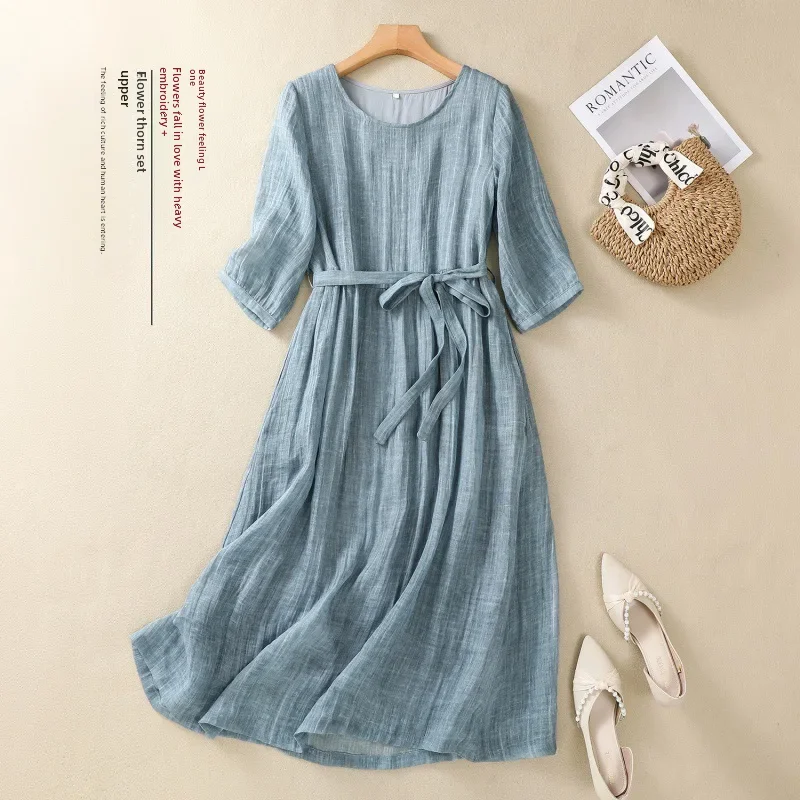 2024 хлопково-льняное художественное платье свободного покроя с круглым вырезом