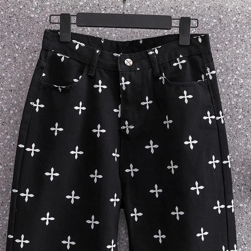 American Style Crucifix Printed Y2k Baggy Jeans Women Spring Summer Street Casual Pants Vintage High Waist Wide Leg Traf Trouser