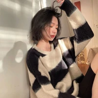 black and white stripes contrast stitching korean fashion trend solid color autumn and winter new coat thick warm coat