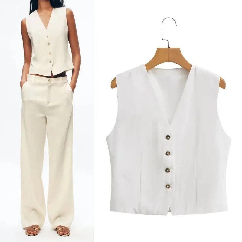 

TRAF White Waistcoat For Woman 2023 Vintage V-Neck Single Breasted Jackets Coat Elegant Commute Sleeveless Vest Summer Tops Sets