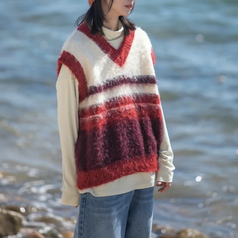 

Women Color Block Striped Fluffy Red V-neck Knit Vest 2023 Autumn Winter New in Korean Dongdaemun Fashion Sweater Knit Clothes