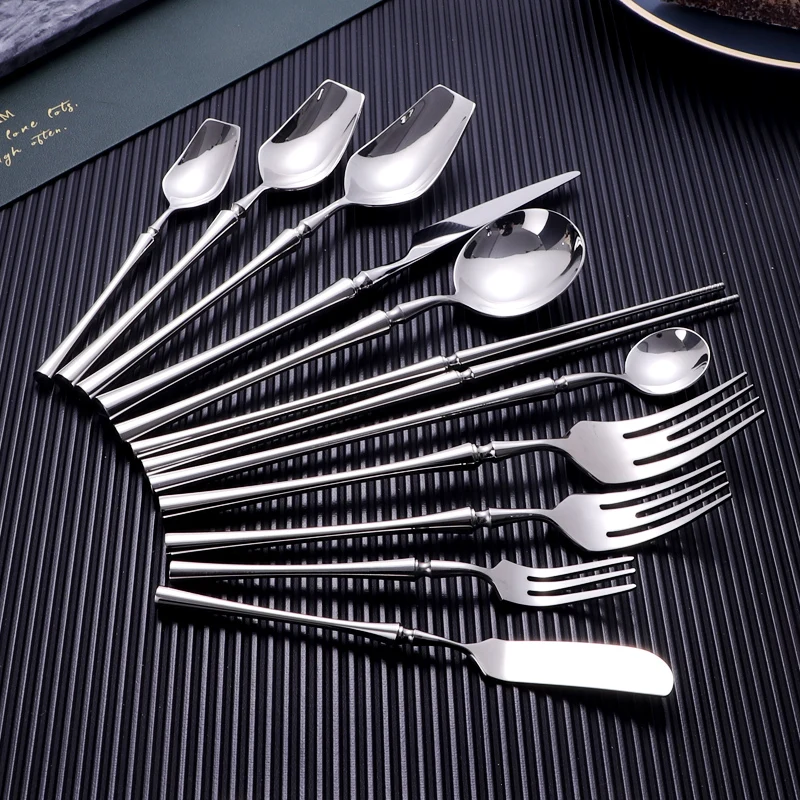 

Bright Silver 18/10 Stainless Steel Luxury Cutlery Dinnerware Tableware Knife Spoon Fork Chopsticks Flatware Set Dishwasher Safe