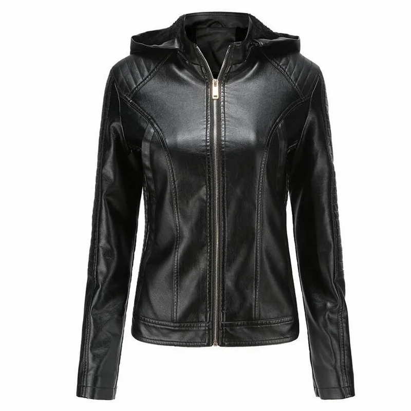 Female Pu Leather Jacket Women Faux Leather Outerwear Women Hooded Warm Leather Coat
