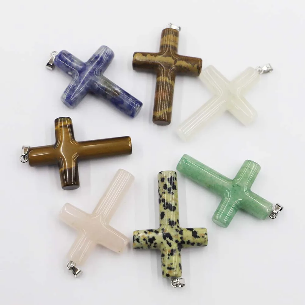 Fashion Natural Stone Cross Necklace Pendant Making Reiki Charm Jewelry Mixed Women Diy Accessories Wholesale 6Pcs Free Shipping