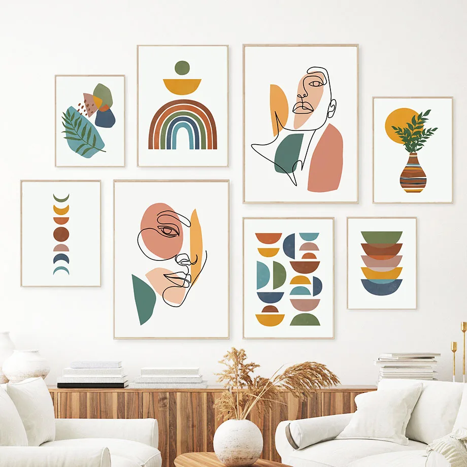

Abstract Geometric Line Girl Face Leaves And Prints Wall Art Canvas Nordic PostersPainting Wall Pictures For Living Room Decor