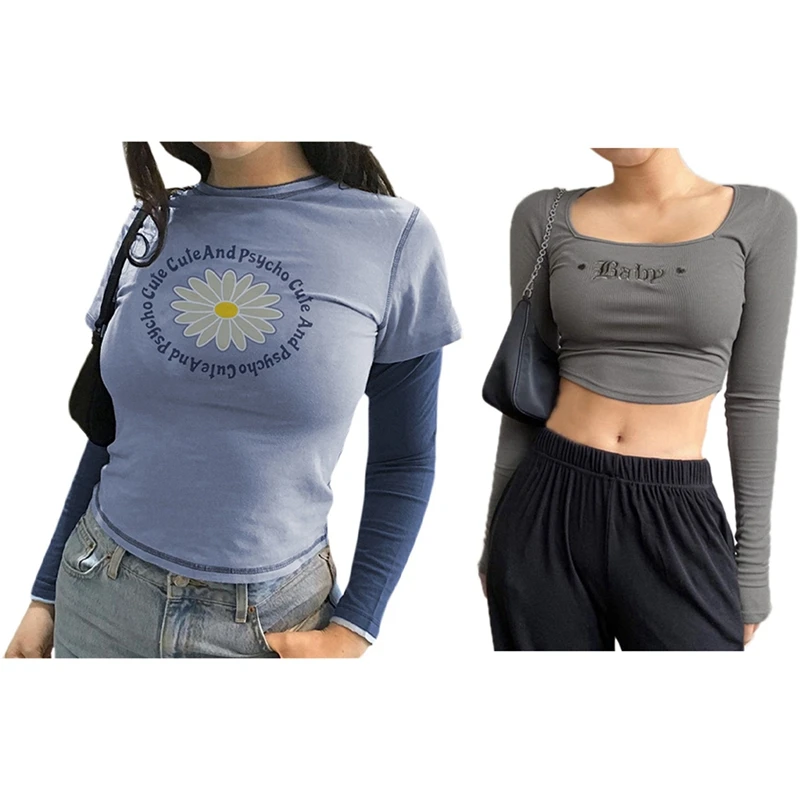 

2PCS Girly Daisy Print Shirt Blue S With Letter Embroidery Knitted Crop Top Long Sleeve Basic Pullovers T Shirt S
