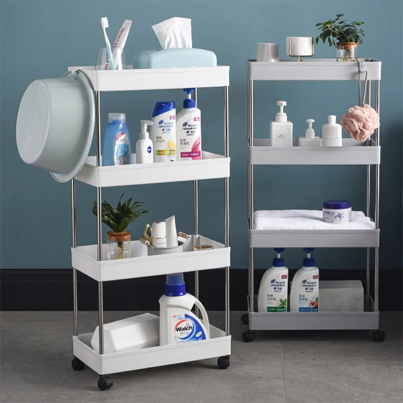 

Wheels Assemble Movable Bathroom Gap Kitchen Slim Layer Storage Slide Rack 2/3/4 Shelf Floor-mounted Tower Organizer Plastic