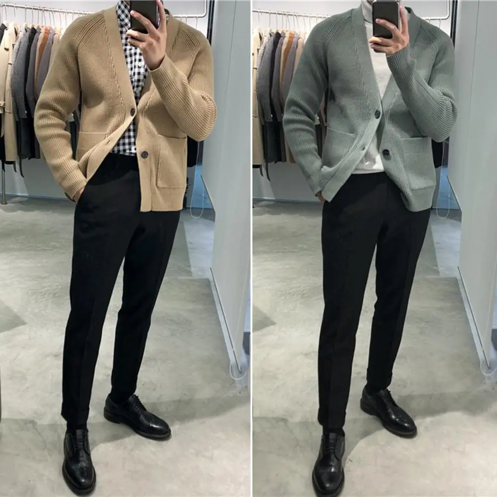 

Sweater Coat Trendy Single-breasted V Neck Men Coat Ribbed Winter Sweater Coat