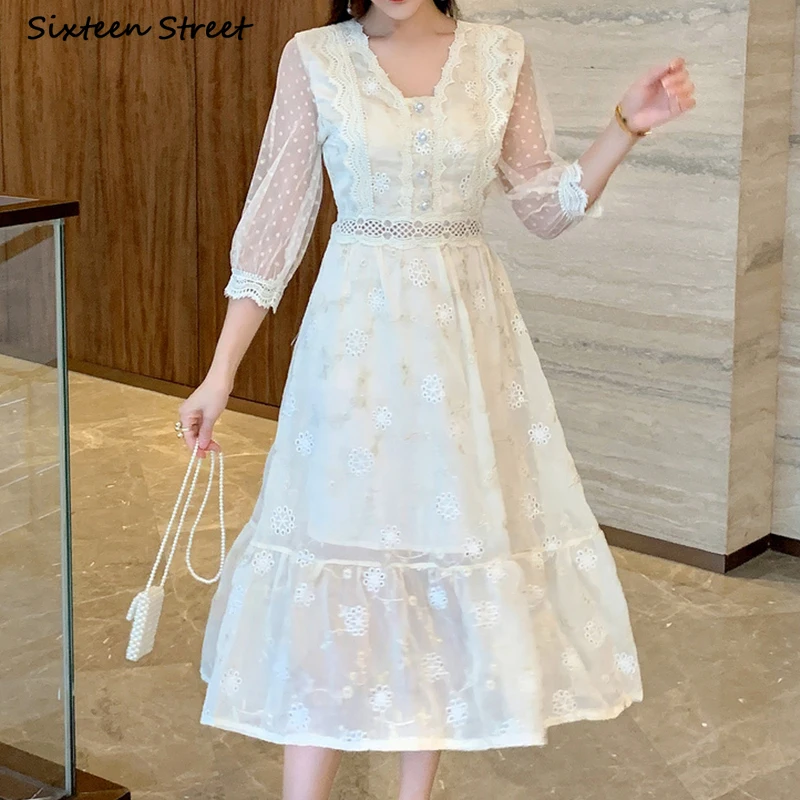 

Женское кружевное платье с вышивкой, винтажное платье абрикосового цвета с V-образным вырезом, рукавами-фонариками и высокой талией, размер...