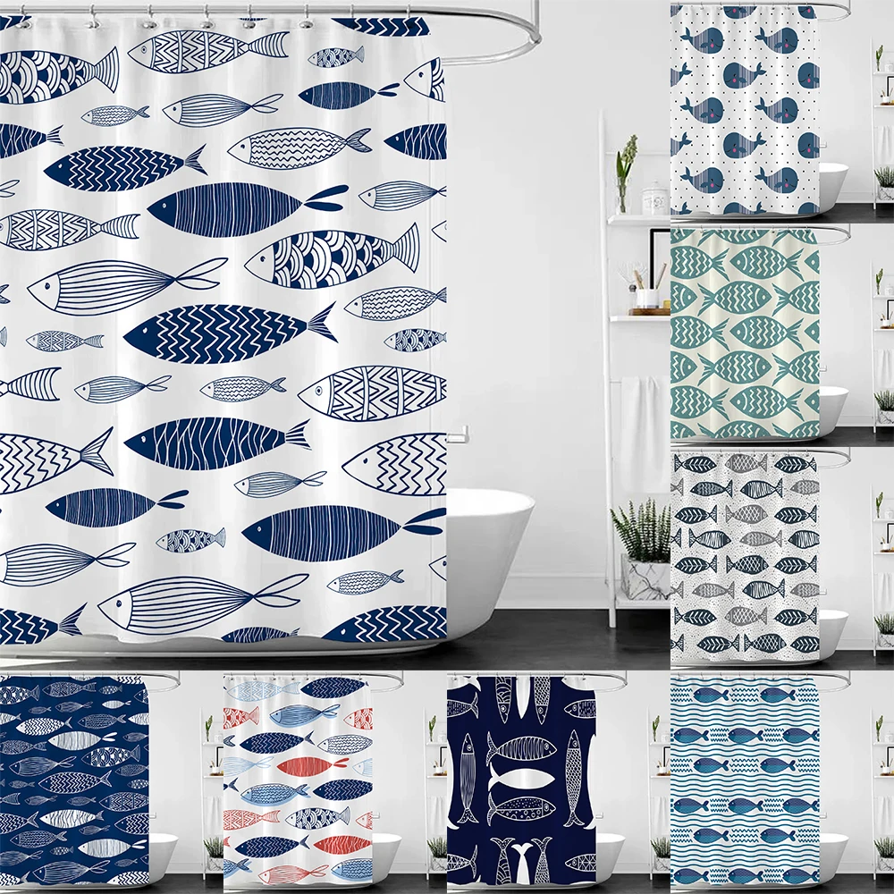 

Blue Fish Shower Curtains Abstract Fish Oriental Artistic Waterproof Fabric Bathroom Decor Shower Curtain with 12 Hooks