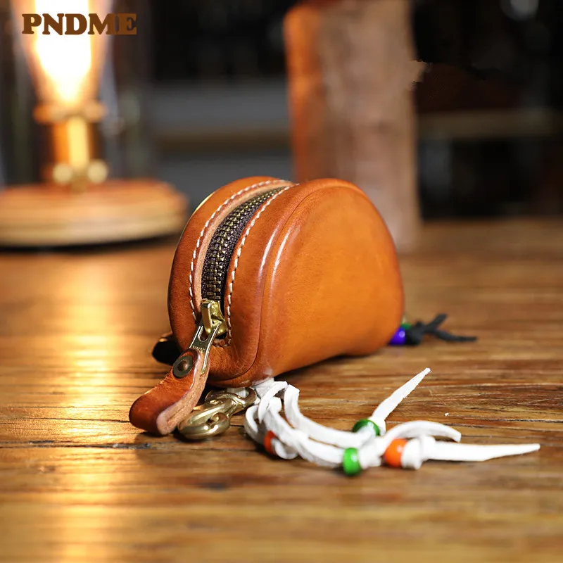 PNDME simple vintage high-quality first layer cowhide men's women's small coin purse luxury genuine leather mini storage bag
