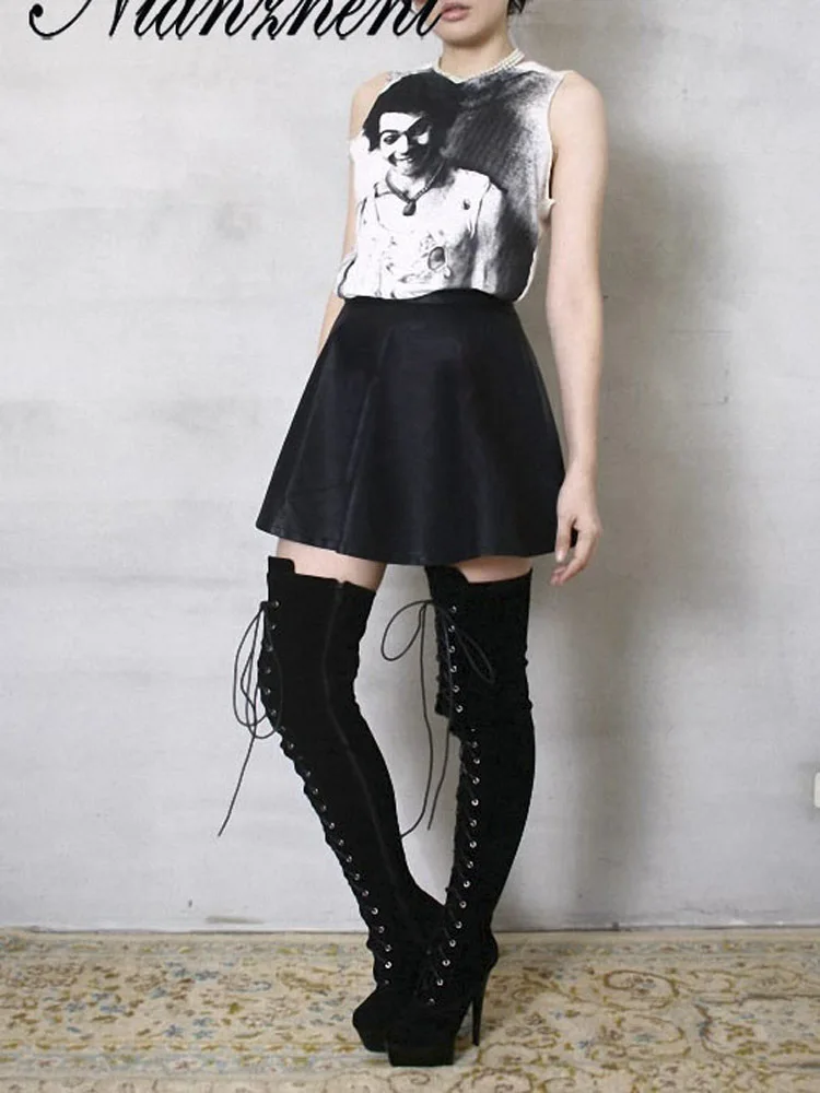 Winter Girl Female Work Shoes Flock Lace Up Thick Over The Knee Boots 6 Inch High Heel Boots Party Shoes 15cm Long Boots Stage